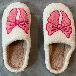 Cozy Cream Slippers with Pink Bow